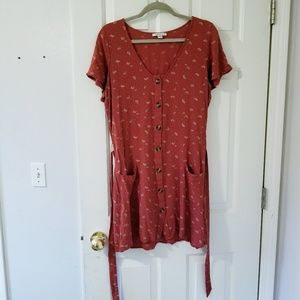 AE brick red button down dress with tie & pockets